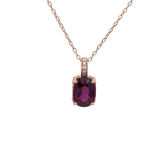 14kt Rose Gold Rhodolite Pendant w/ Diamond Accents w/ Cable Chain