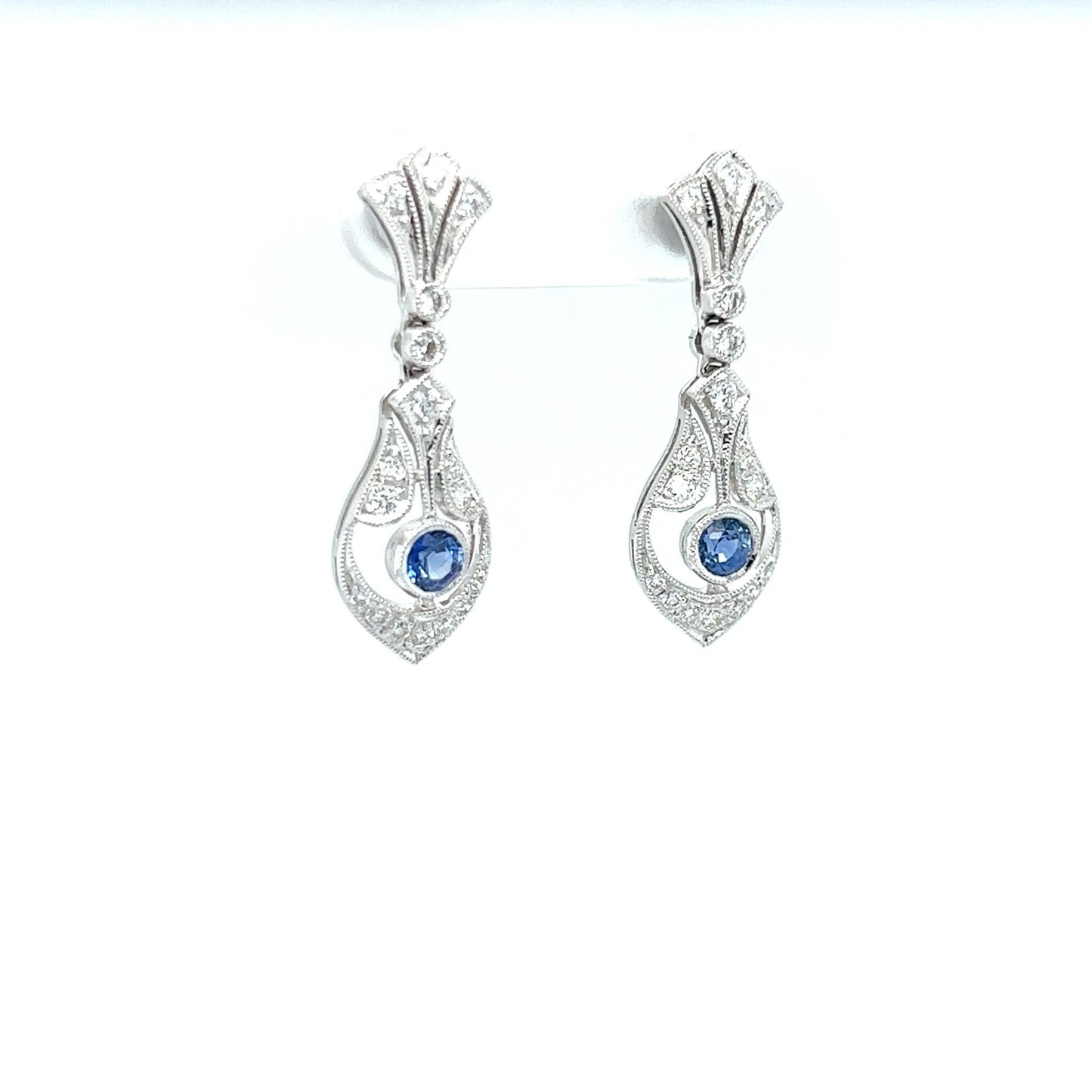 Vintage 14kt White Gold Blue Sapphire & Diamond Earrings