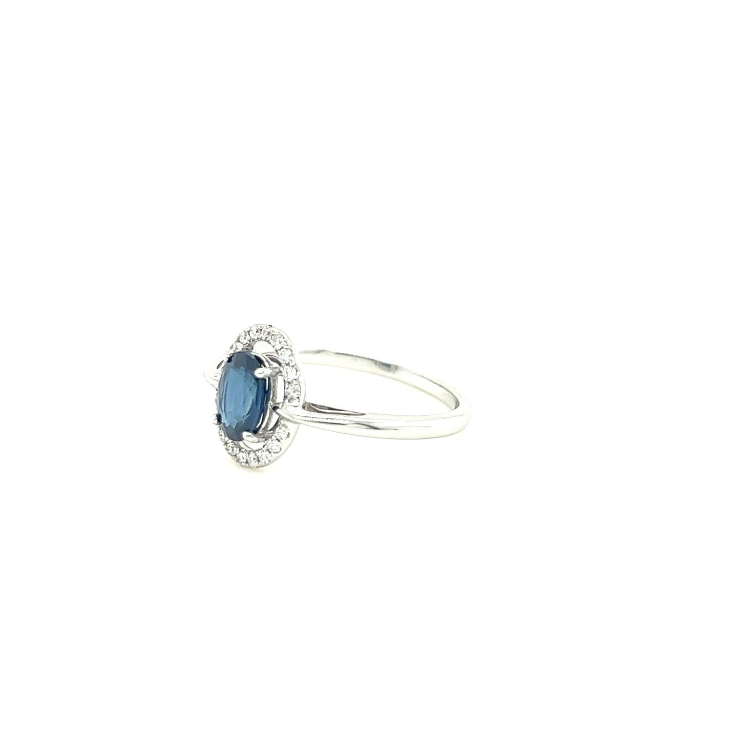 14kt White Gold Blue Sapphire Halo Ring w/ Diamond Accents