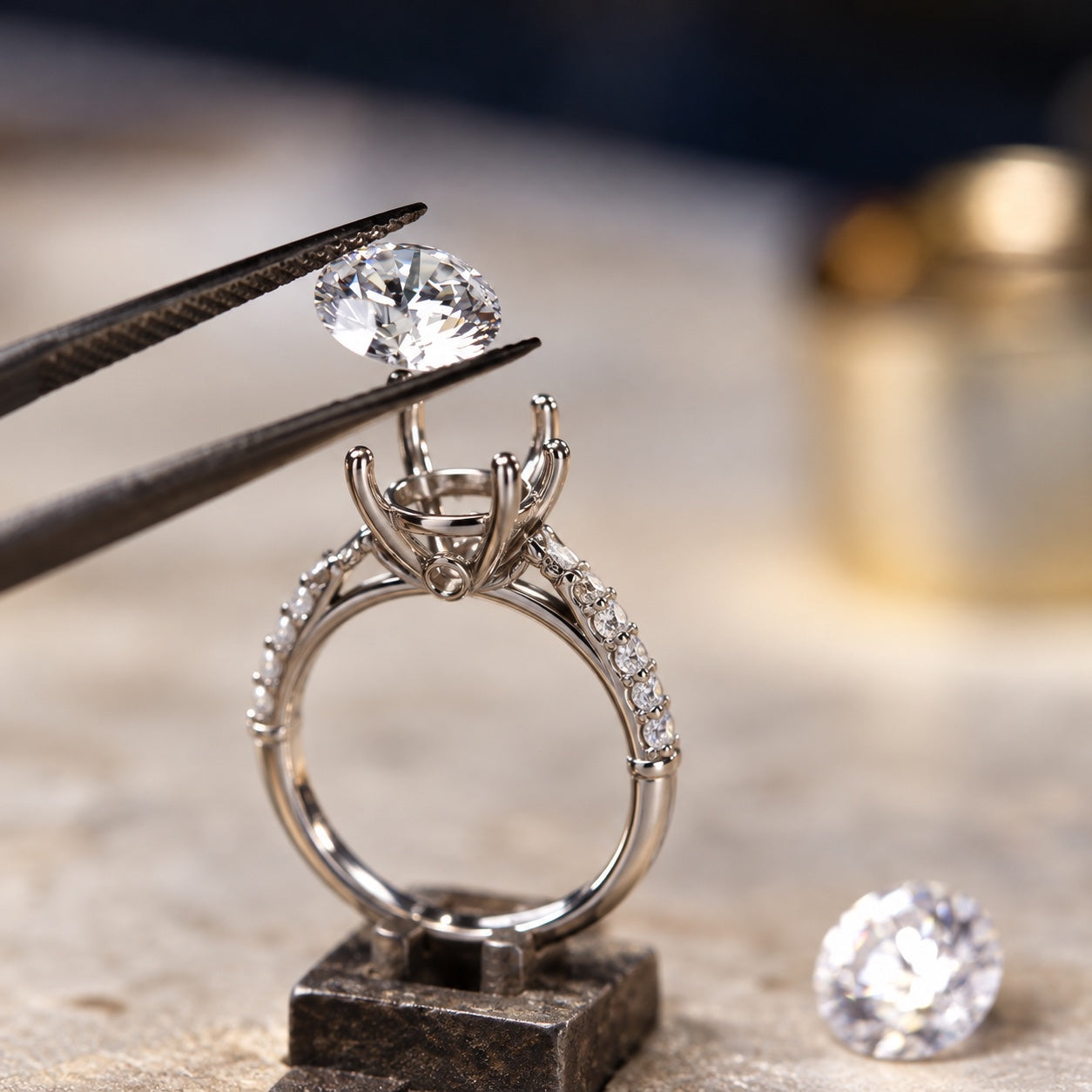 Diamond being set into a finished white-metal engagement ring — East Coast Jewelry Co