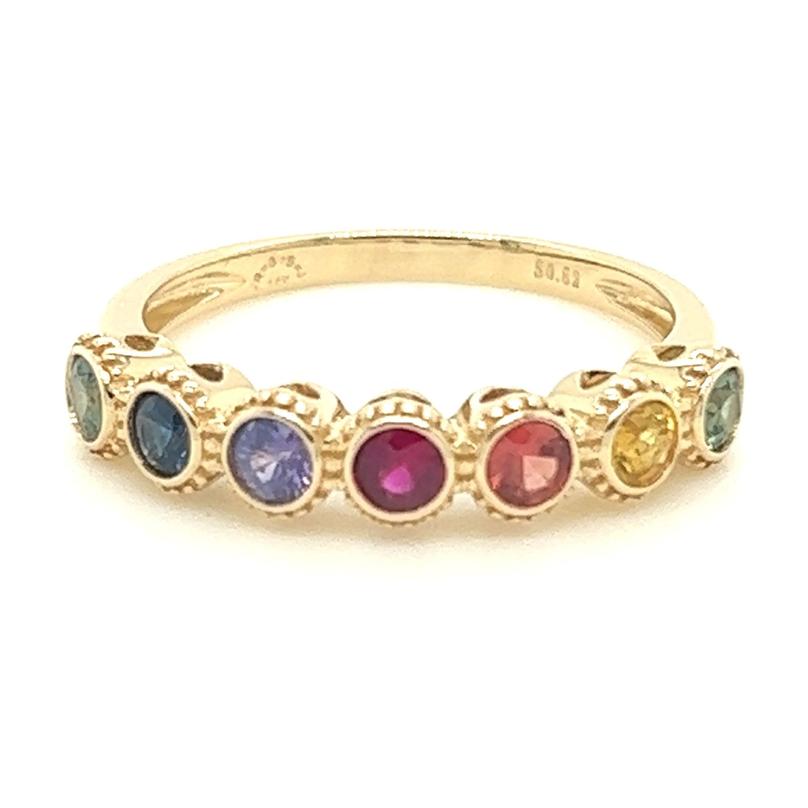 Rainbow gemstone band in yellow gold