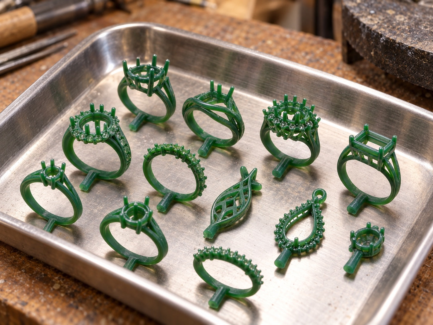 Tray of 3D printed jewelry wax models at East Coast Jewelry Co in Newtown Square